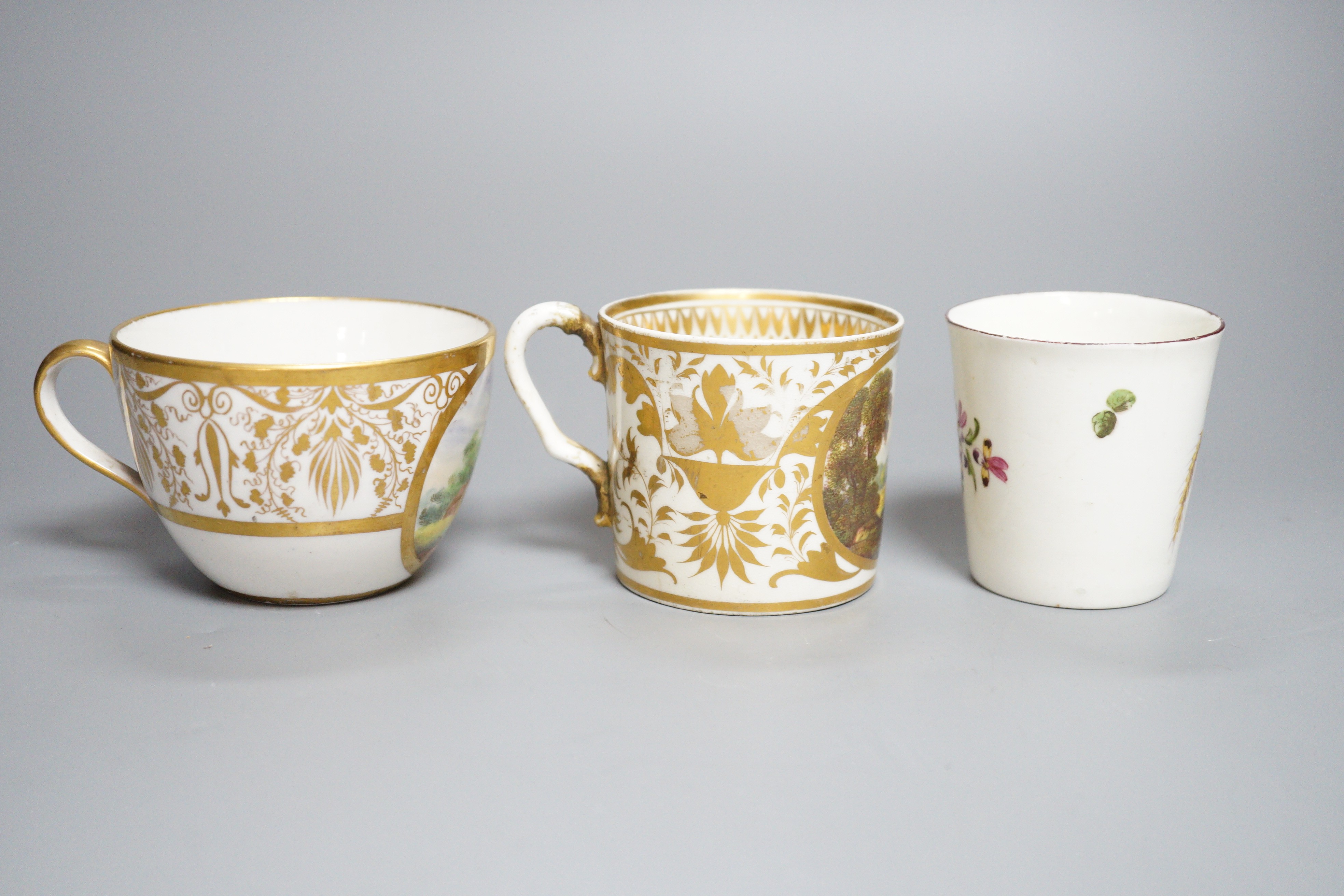 An 18th century miniature porcelain tumbler, probably Derby, a Derby coffee can and a Bute-shape coffee cup